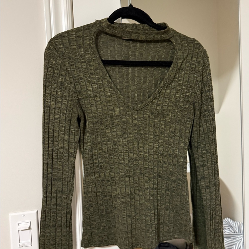 Olive Green Ribbed V-Neck Top